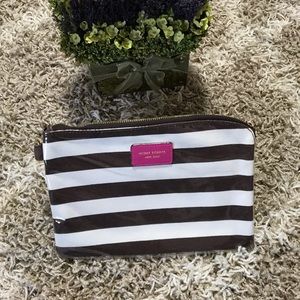 Henri Bendel Brown Striped Cosmetic Bag With Coral liner